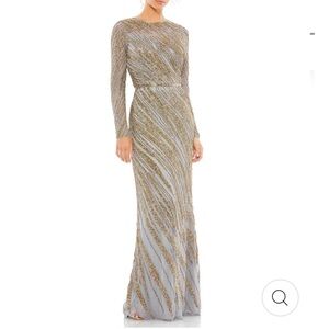 Mac Duggal Evening Gown With Beaded Stripes, Long Sleeve, Platinum. Size 16